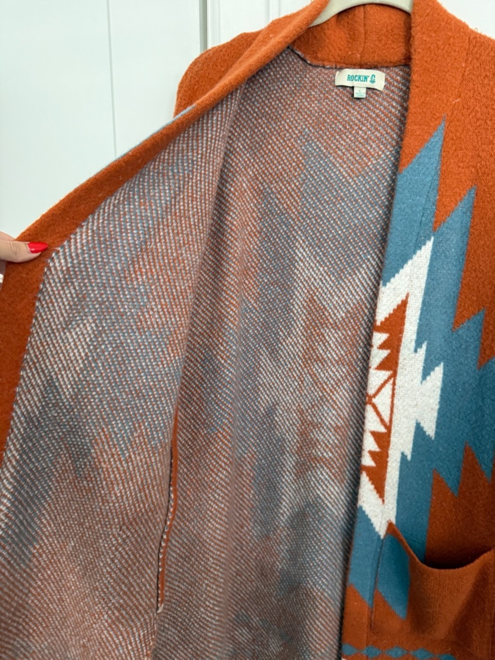 EUC Rockin C Tribal Pattern Open-Front Cardigan - Rust Blue White - Picture 4 of 8